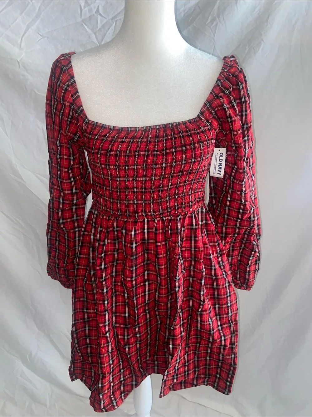 Old Navy Red Plaid Smocked Square-Neck Mini Dress Medium petite